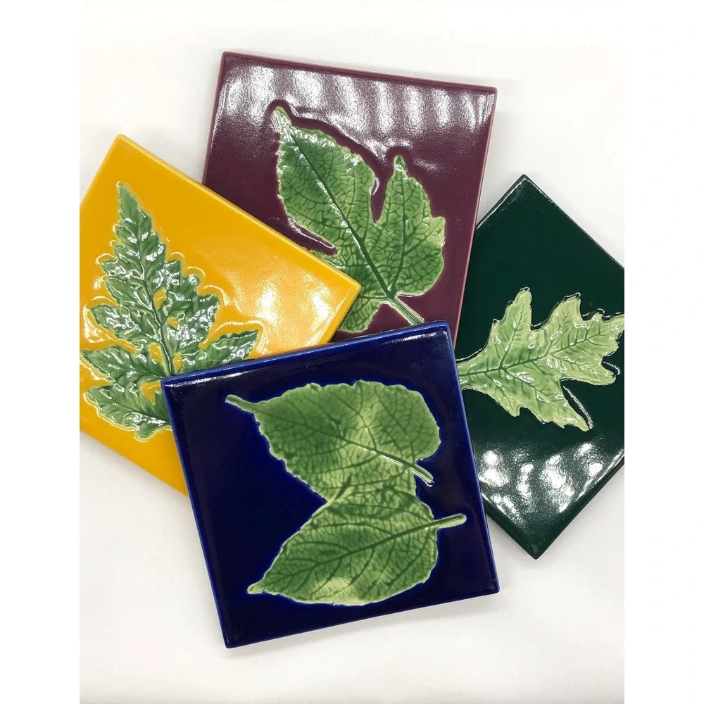 Linens n Things Ceramic Leaf Coaster Set 4 Jewel Tone Embossed Botanical Square